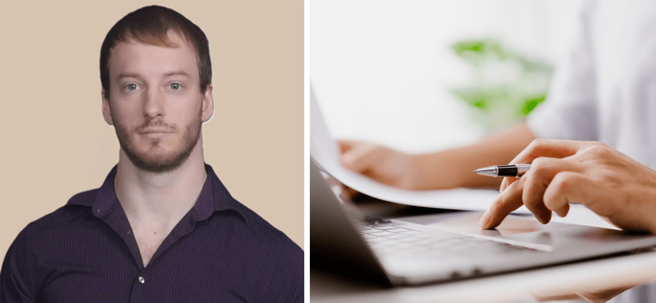 A male smiling on the left and on the right is an individual on a laptop