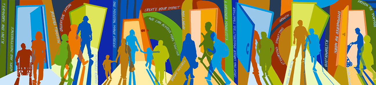 colorful mural of diverse silhouettes of people going through many different doorways