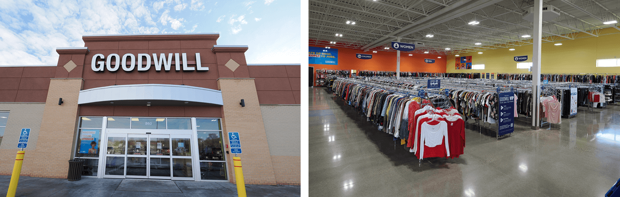 Image with two photos. The left side shows the front of the Goodwill Waconia store. The right photo shows the inside of store with clothing racks