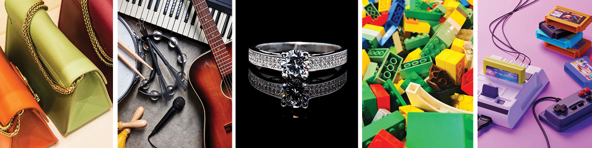 Purses, instruments, jewelry, LEGOs and video games.