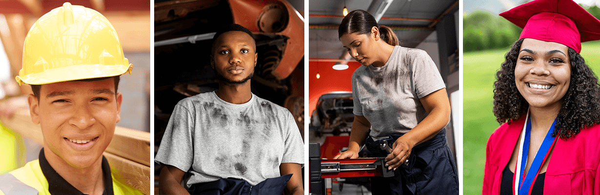 Males and females working in various workplaces like construction and automotive. A female is wearing a red cap and gown.