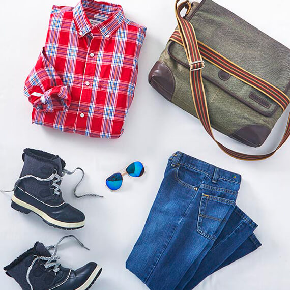 boy's shirt, pants, shoes, sunglasses and bag