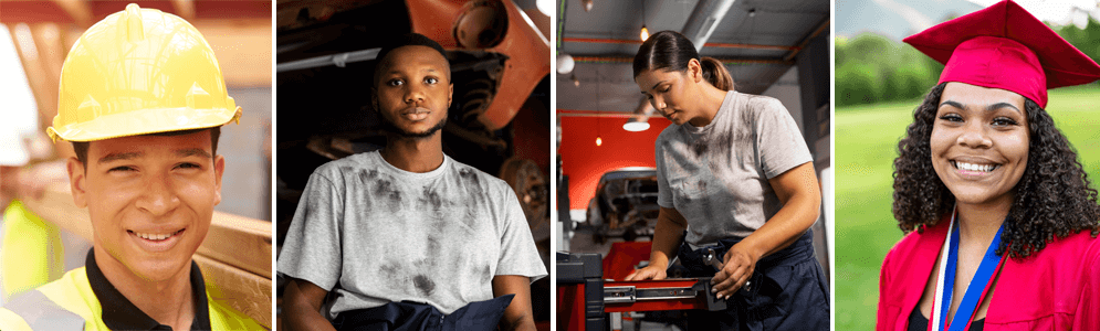 Males and females working in various workplaces like construction and automotive. A female is wearing a red cap and gown.