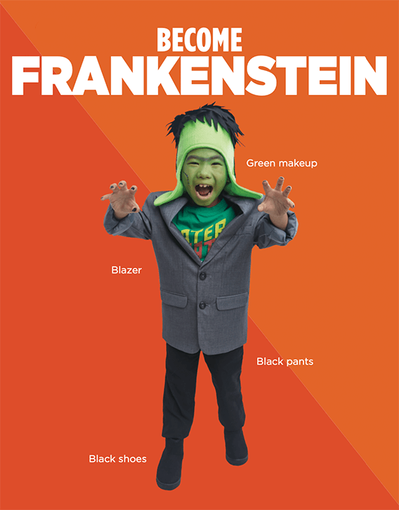 A child dressed up a frankenstein with text above and around saying "Become Frankenstein", "Green makeup", "Blazer", "Black pants" and "Black shoes"