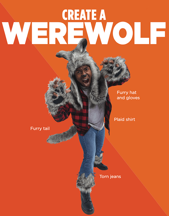 A male dressed as a werewolf. Text above and around saying "Create a werewolf", "Furry hat and gloves", "Plaid shirt", "Furry tail" and "Torn jeans"