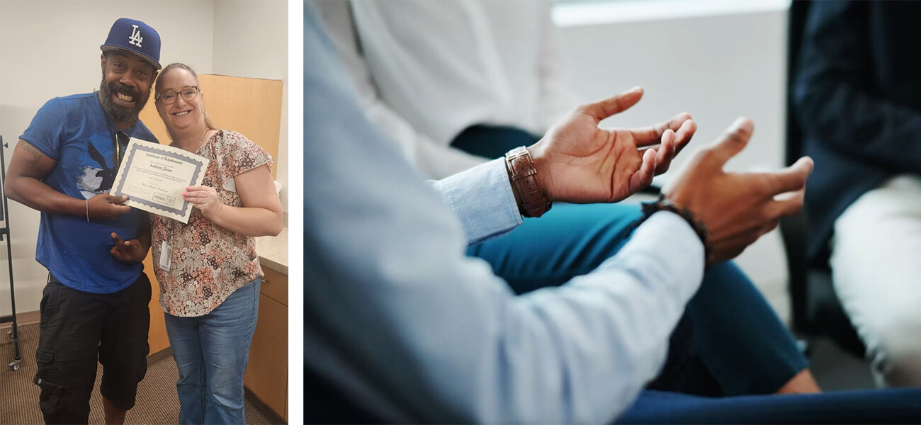 Left image: Two individuals smiling and holding a certificate in an office setting. One person is wearing a baseball cap and a blue shirt, and the other a printed blouse. Right image: Close-up of two people sitting and conversing