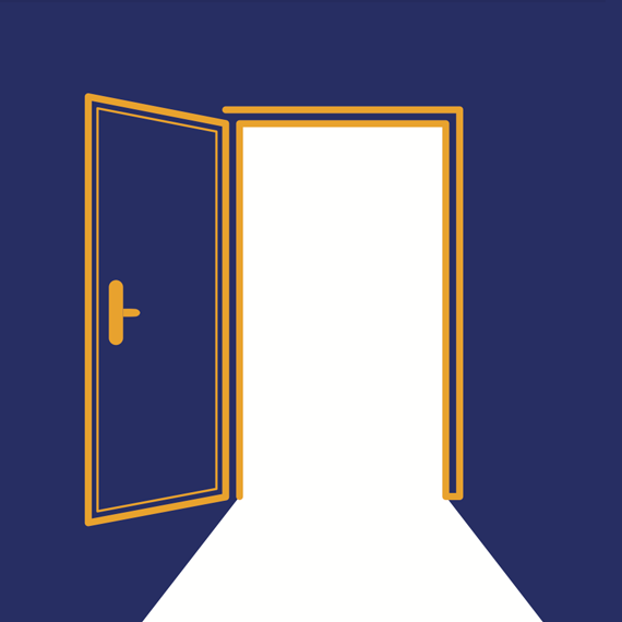 A navy blue door that's open with gold edges and handle.