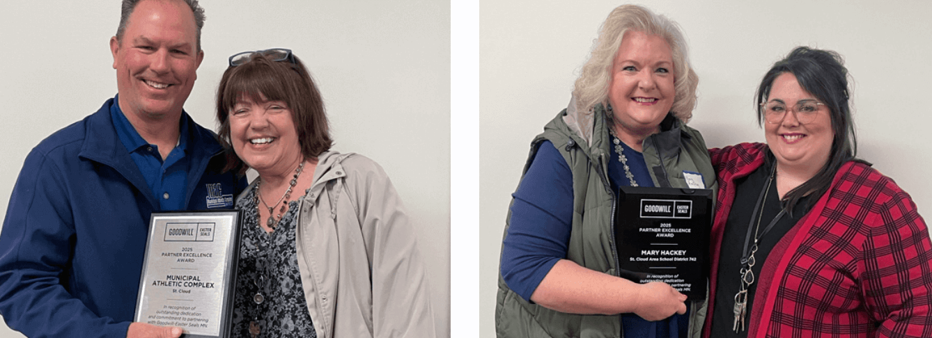 Left photo: Todd Bissett (left), Athletic complex award winner,  poses with GESMN Career Navigator, Ellen. Right photo: Mary Hackey (left), school district award winner, accepts award from GESMN Workforce Development Supervisor, Laura.