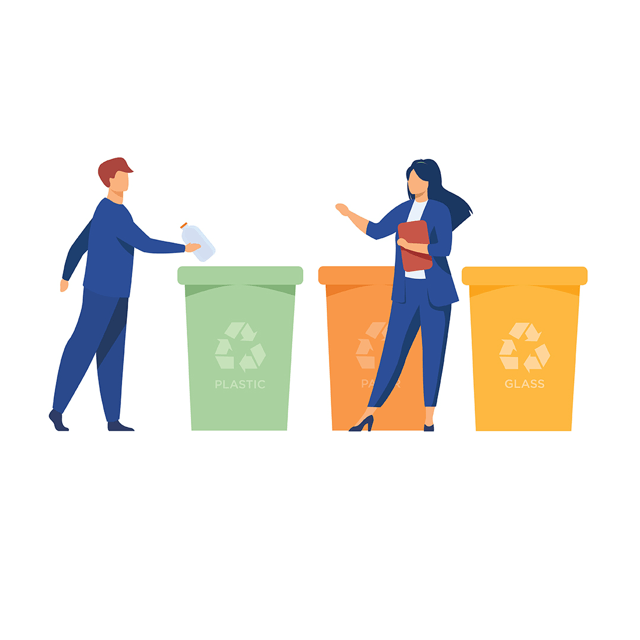 people placing items in recycle bins