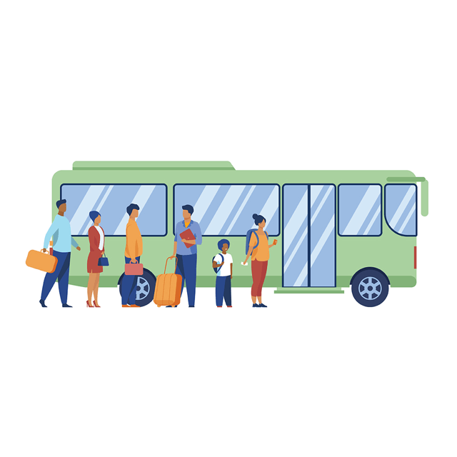 A bus with people standing in front of it in a line