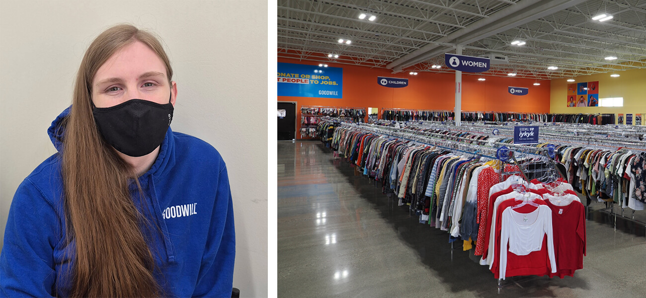 A person wearing a mask and a blue hoodie with the "Goodwill" logo is sitting indoors. Next to this, an image of the interior of a Goodwill store shows rows of clothing racks filled with various garments under bright lighting.