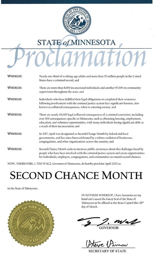 Image of Minnesota Governor Walz proclamation making April 2025 Second Chance Month